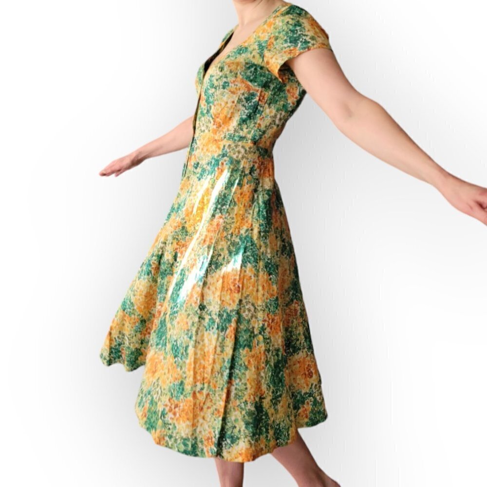 Vintage 1960s 1970s Floral Dress Green Orange Yellow Mad Men S/M Retro Outfit - Picture 2 of 15